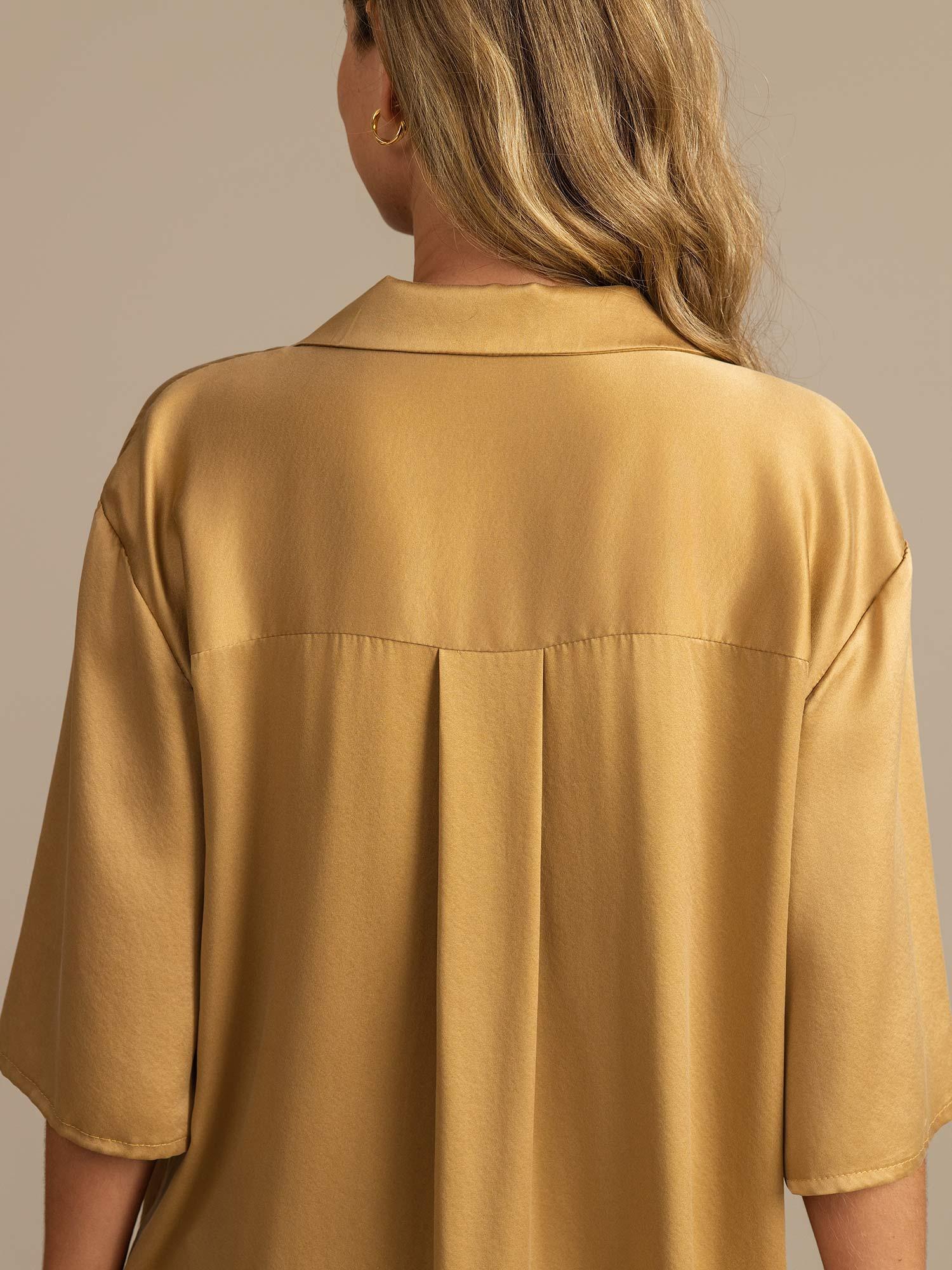 [Tan] SilkSilky-DE 19Momme Reine Seide Umlegekragen Damen Pyjamas 004,