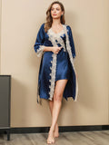 SilkSilky DE Reine Seide 3/4 lange Ärmel Nightgown&Robe Set Blau 001