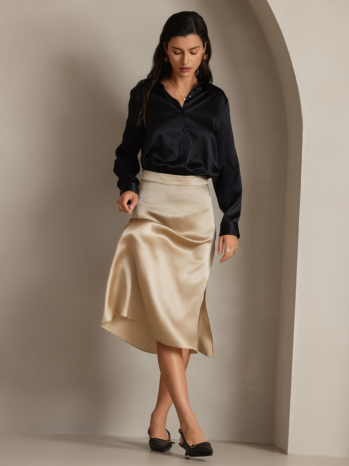 [Schwarz] SilkSilky-DE Seide Langärmelig Umlegekragen Damenhemd 008