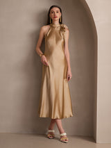 [Champagner] SilkSilky-DE 19Momme Stretch Silk Charmeuse Sleeveless Neckholder Kleider 007