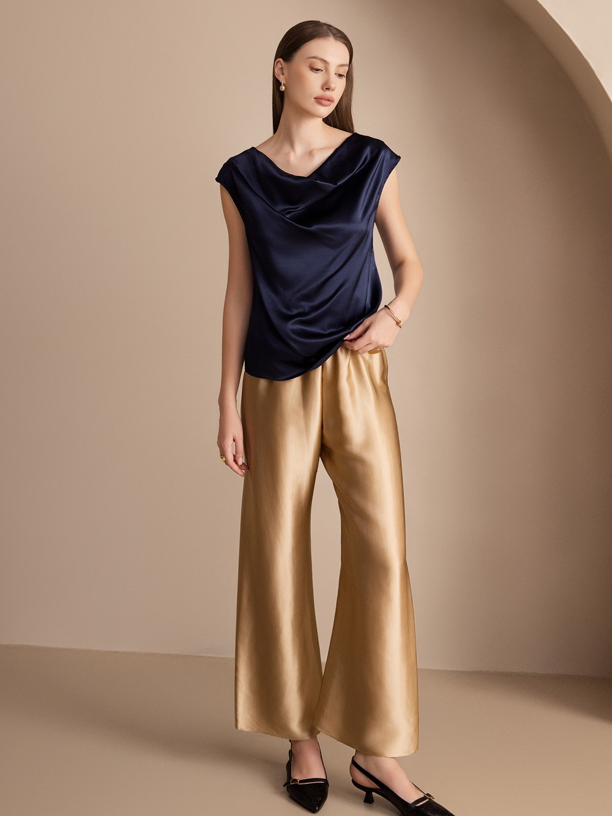 [Dunkelblau] SilkSilky-DE 19Momme Seide Ärmellos Wasserfallausschnitt T-Shirt 004