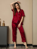 SilkSilky DE Reine Seide Kurzärmelig Revers Damen Pyjamas Rotwein 005