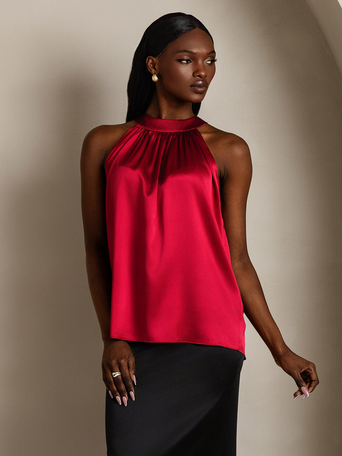 [Rotwein] SilkSilky-DE 19Momme Ärmellos Neckholder T-Shirt 006