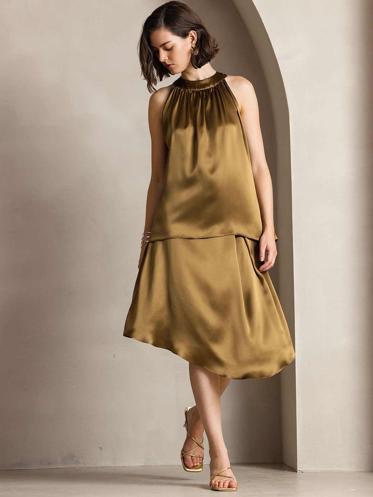 [Braun] SilkSilky-DE 19Momme Ärmellos Neckholder T-Shirt 004