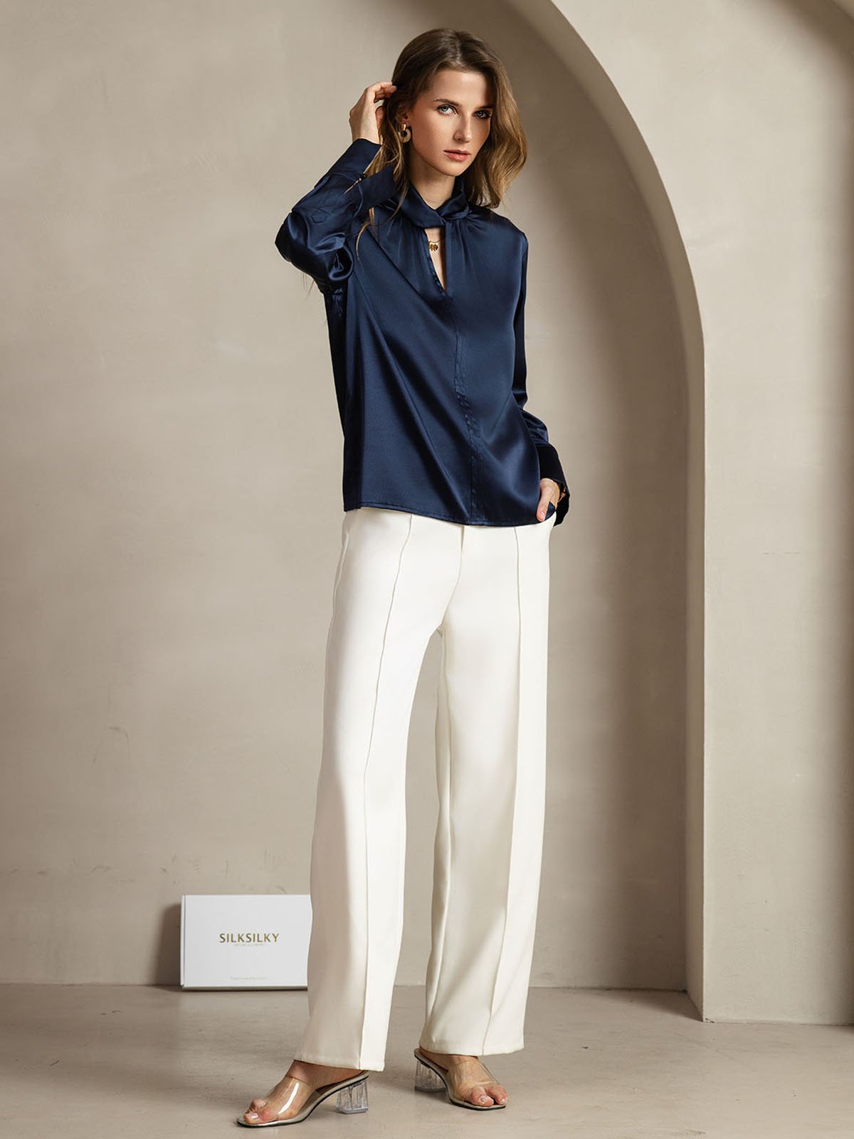 [Dunkelblau] SilkSilky-DE 19Momme Seide Womens Shirt 007