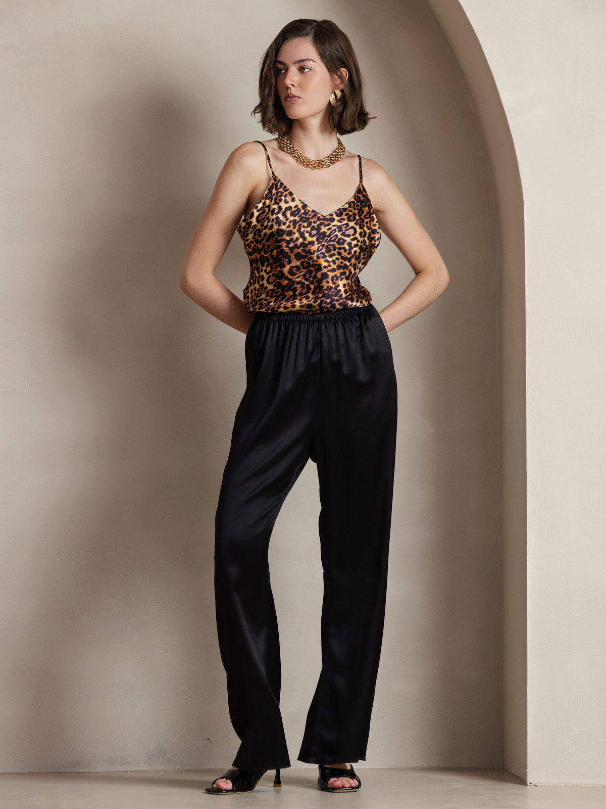 [Leopard] SilkSilky-DE Reine Seide V Ausschnitt Cami Top 005,