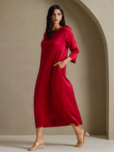 [Rotwein] SilkSilky-DE 3/4 Sleeve Round Neck Kleider 007