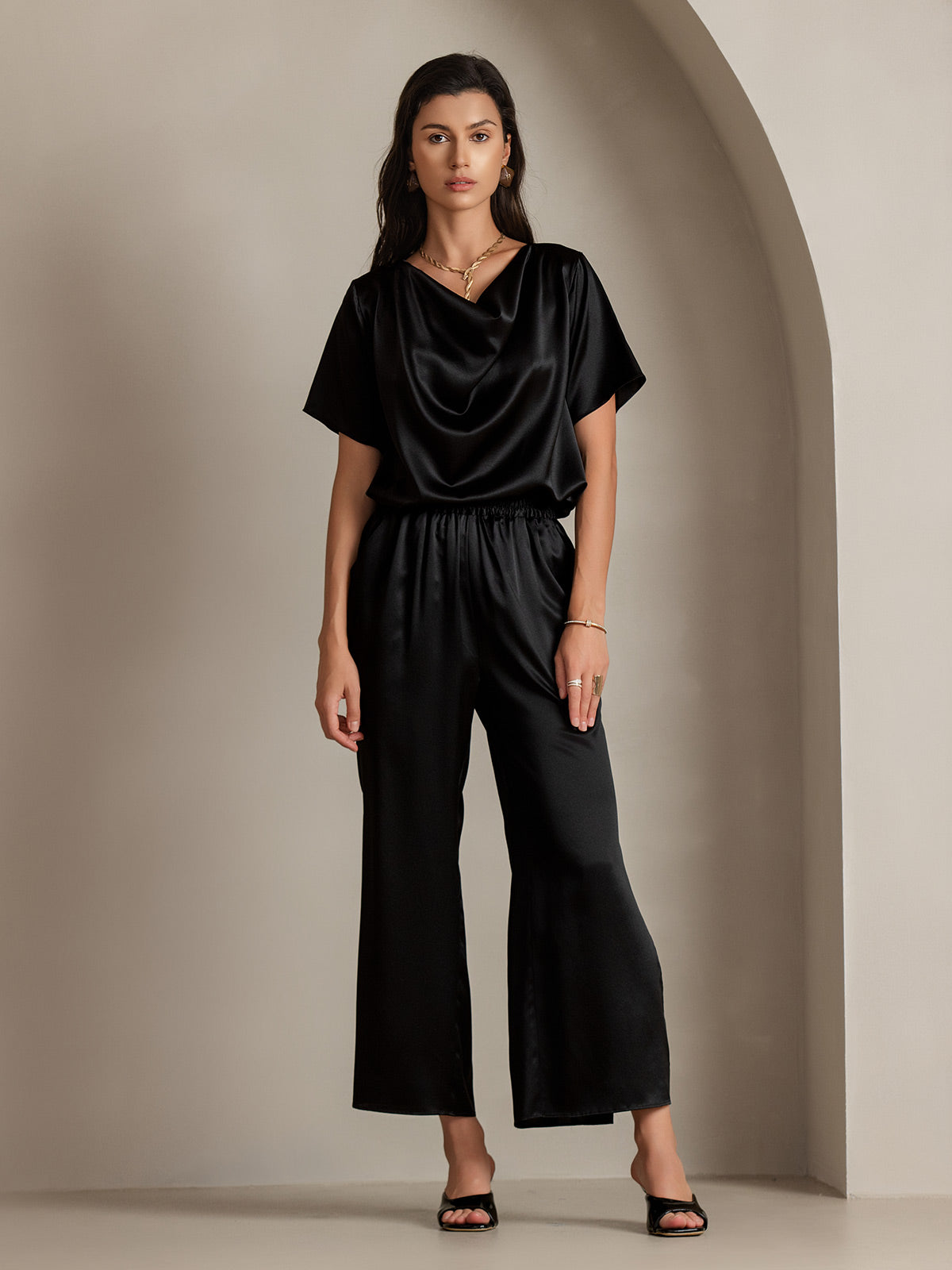 [Schwarz] SilkSilky-DE 19Momme Seide Womens T-Shirt 005