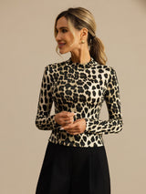 [Leopard] SilkSilky-DE Langärmelig Mock-Ausschnitt T-Shirt 004
