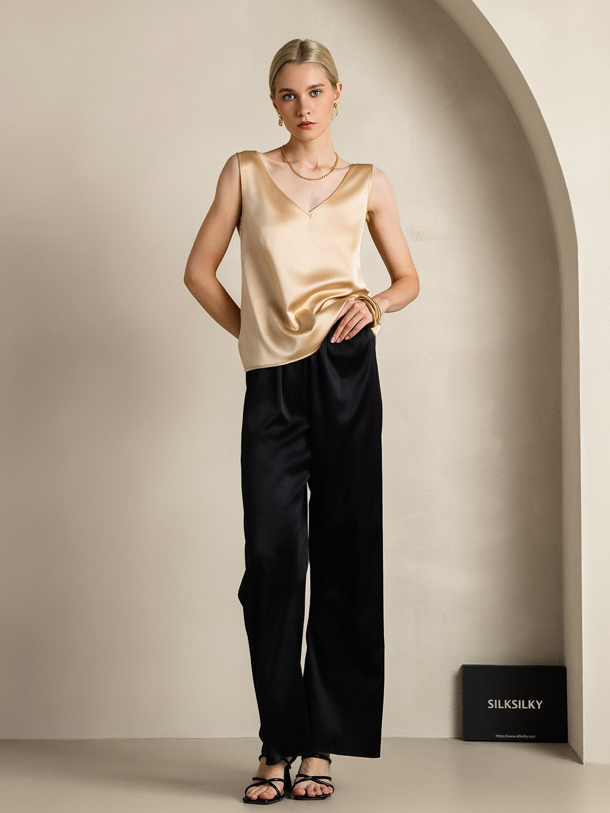 [Champagner] SilkSilky-DE 19Momme Seide V Ausschnitt Cami Top 007