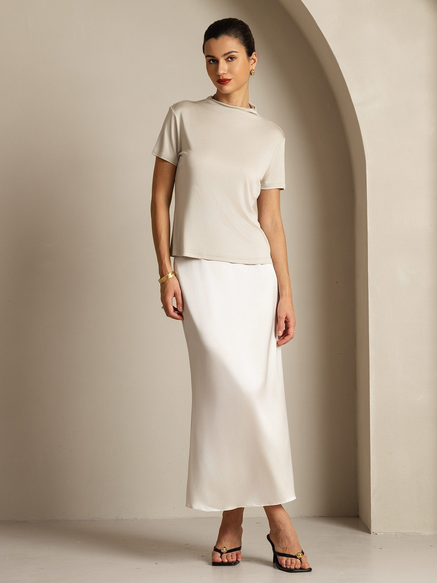 [Grau] SilkSilky-DE Reine Seide Umlegekragen T-Shirt 009