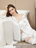 SilkSilky-DE Reine Seide Langärmelig Revers Damen Pyjamas Weiß 005