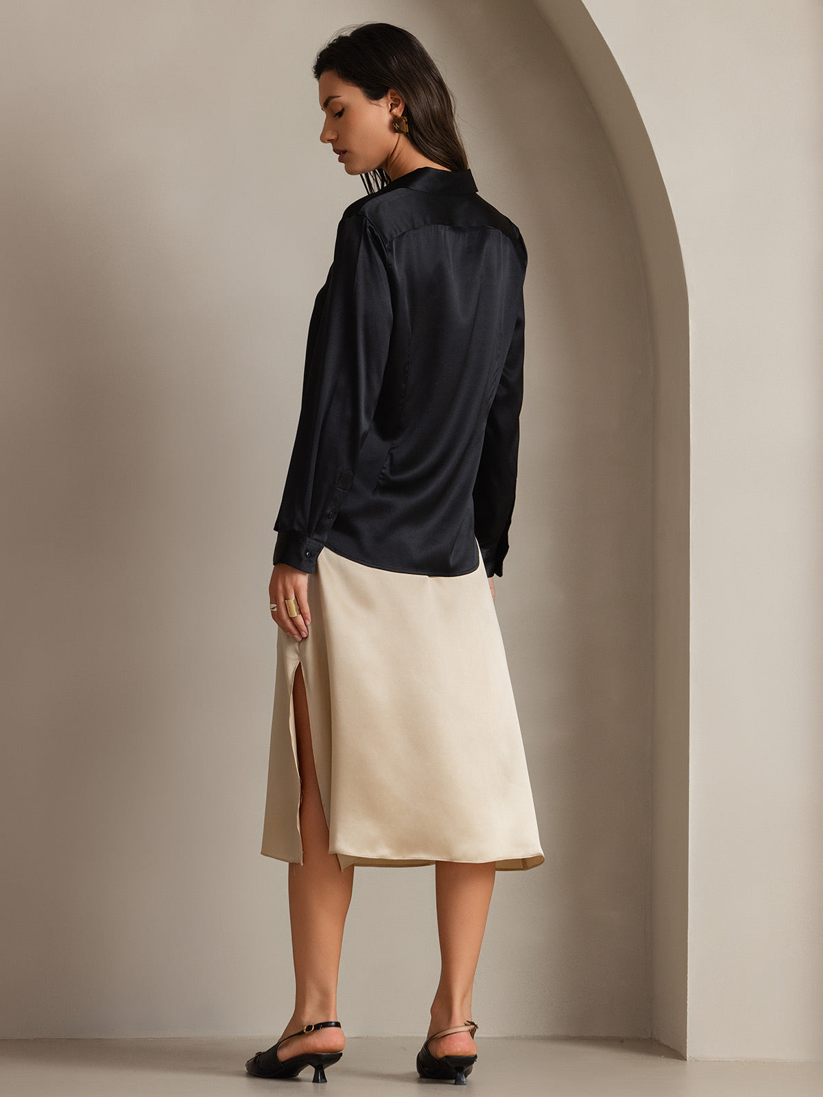 [Schwarz] SilkSilky-DE Seide Langärmelig Umlegekragen Damenhemd 002