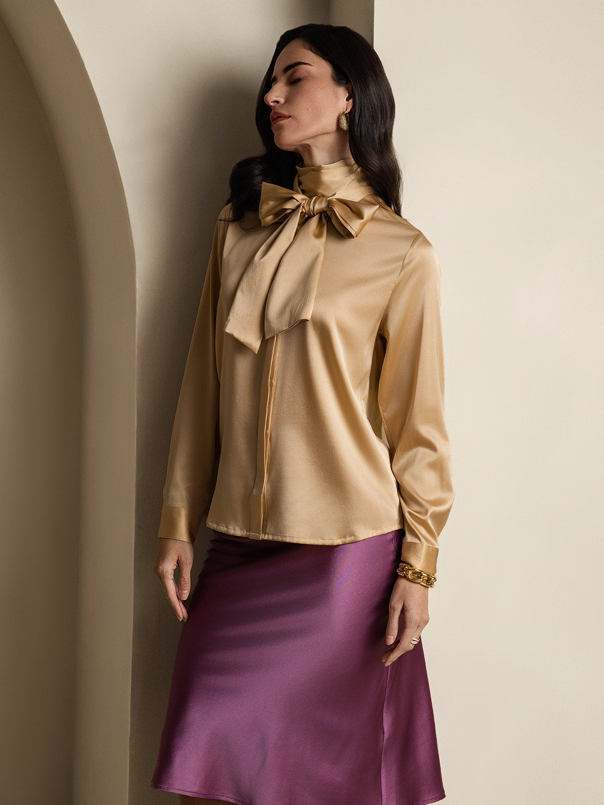 [Champagner] SilkSilky-DE 19Momme Seide Womens Shirt 005