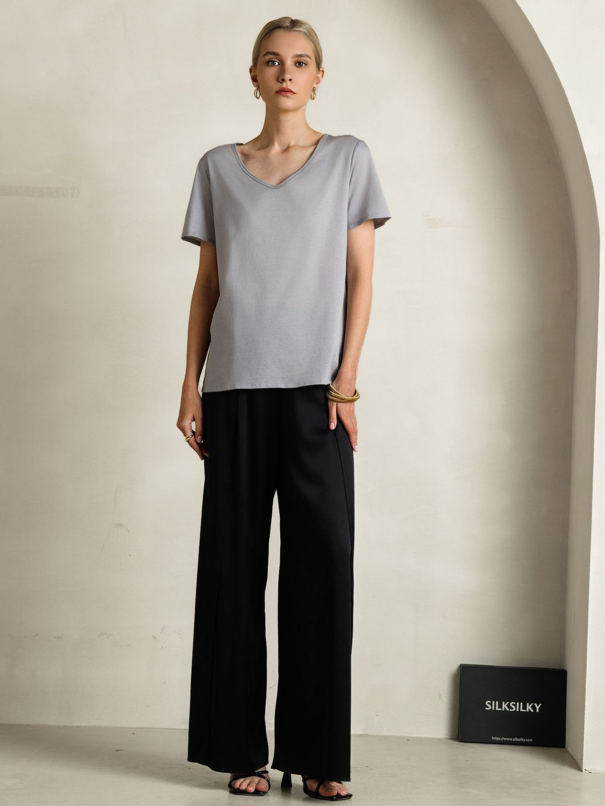 [Grau] SilkSilky-DE Seide Kurzärmelig V Ausschnitt T-Shirt 006