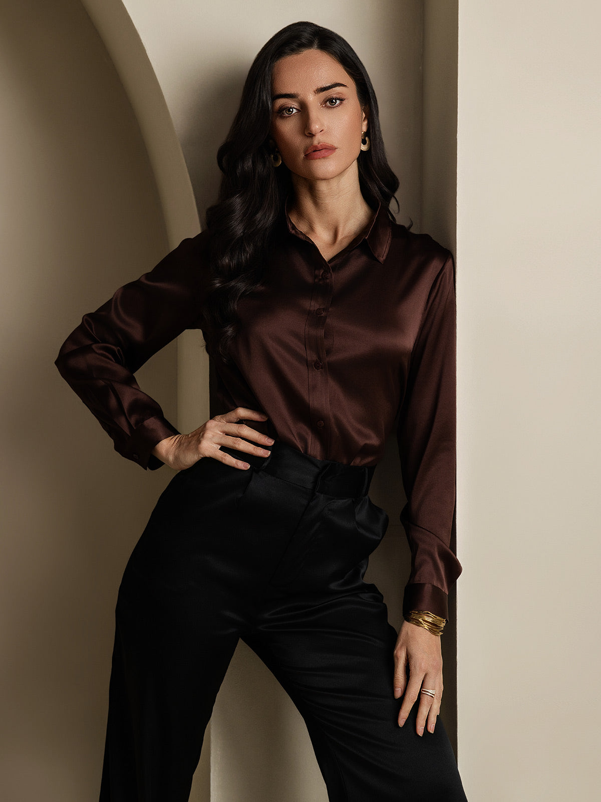 SilkSilky-DE 19Momme Seide Langärmelig Umlegekragen Damenhemd Kaffee 005