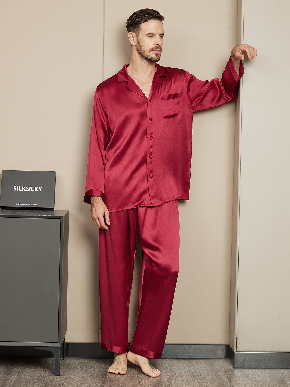 [Rotwein] SilkSilky-DE Reine Seide Mens Pajamas 004