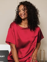 [Rotwein] SilkSilky-DE Short Sleeve Round Neck Damen Pyjamas 006