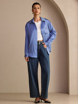 [Blaues Nadelstreifen] SilkSilky-DE Long Sleeve Lapel Collar Damenhemd 007