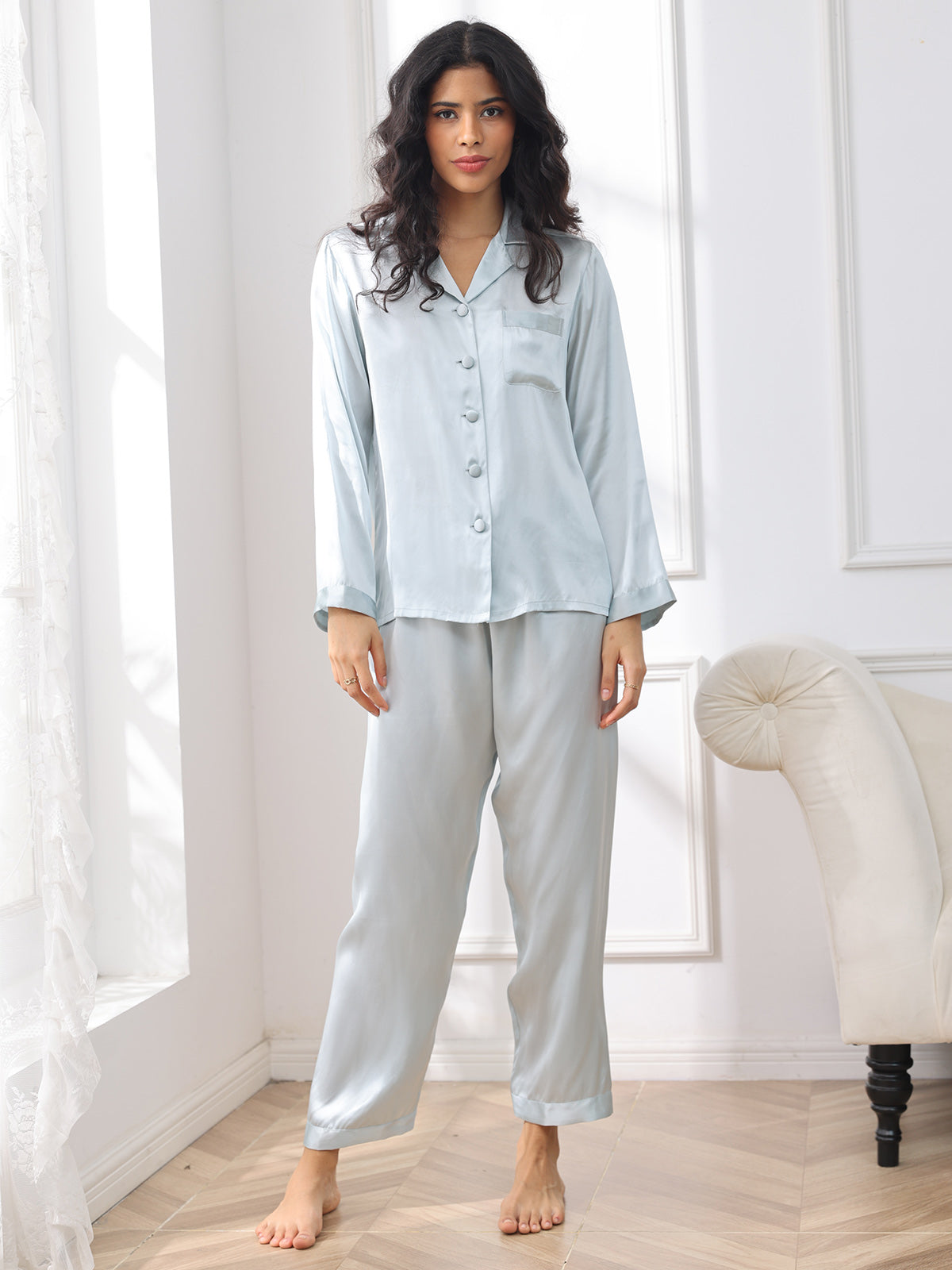 SilkSilky-DE Reine Seide Langärmelig Revers Damen Pyjamas Hellblau 003