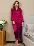 SilkSilky DE Reine Seide Langärmelig Revers Damen Pyjamas Dunkelrot 005