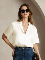 [Elfenbeinfarbe] SilkSilky-DE Short Sleeve Lapel Collar Damenhemd 003