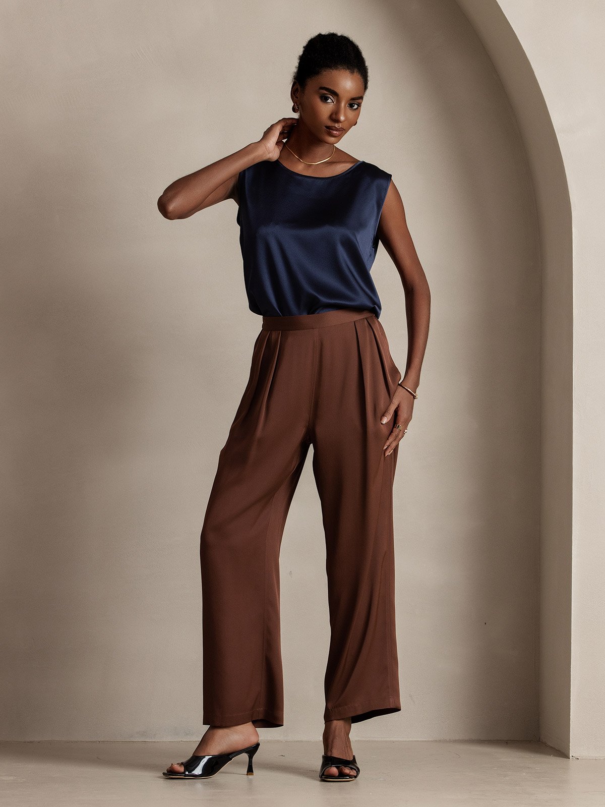 [Dunkelblau] SilkSilky-DE 19Momme Ärmellos Rundhalsausschnitt Cami Top 005