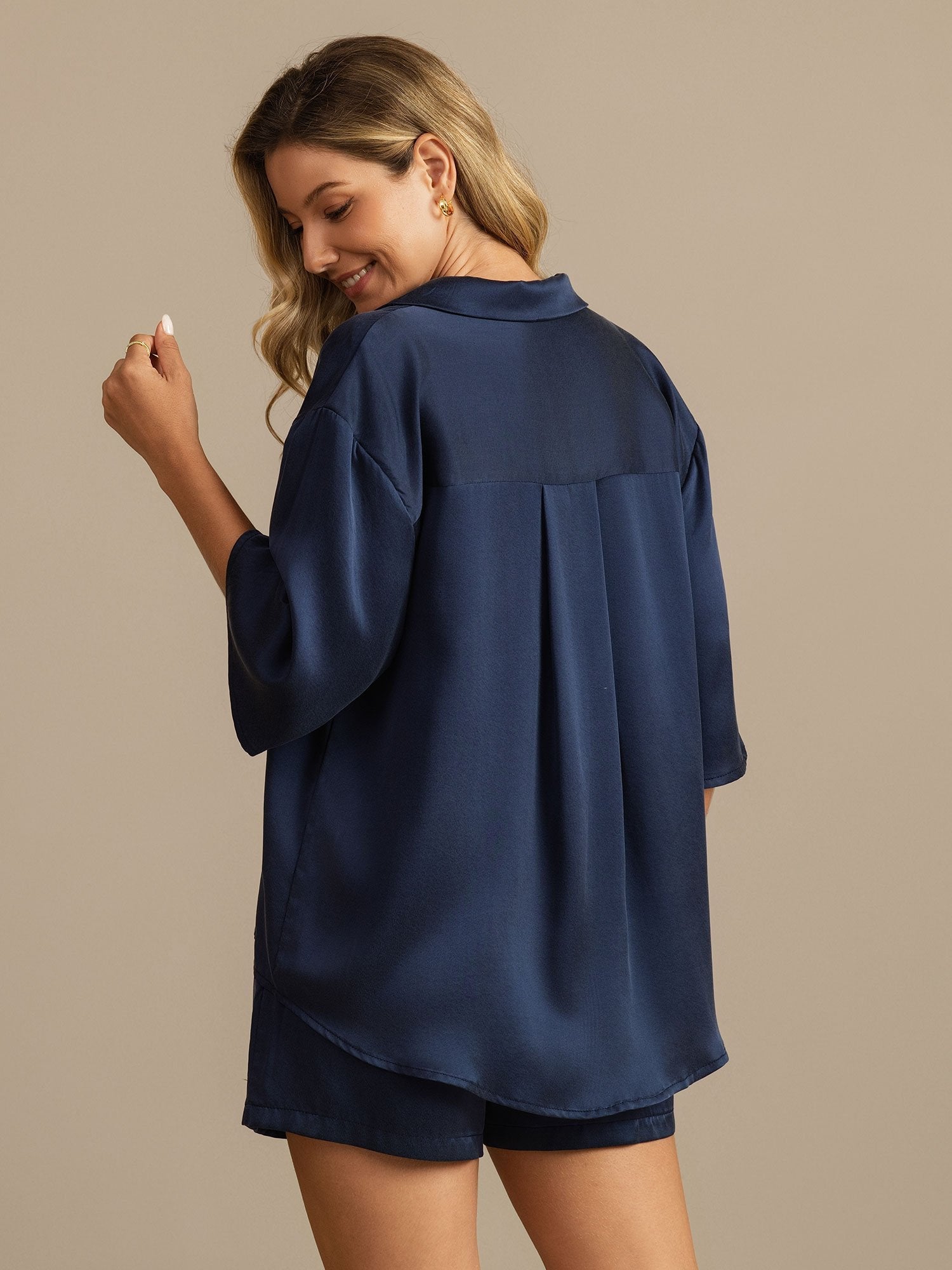 [Dunkelblau] SilkSilky-DE 19Momme Reine Seide Umlegekragen Damen Pyjamas 002,