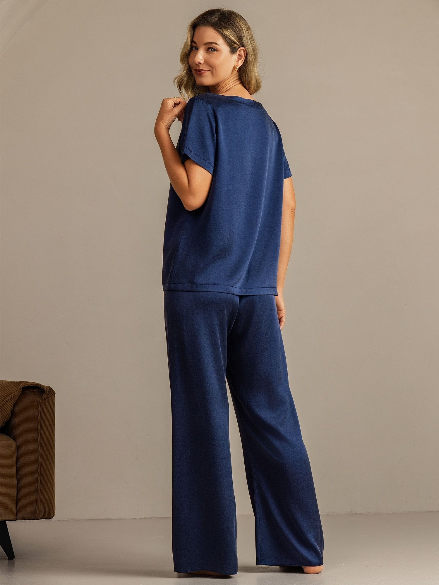 [Dunkelblau] SilkSilky-DE 19Momme Seide Womens Pajamas 002