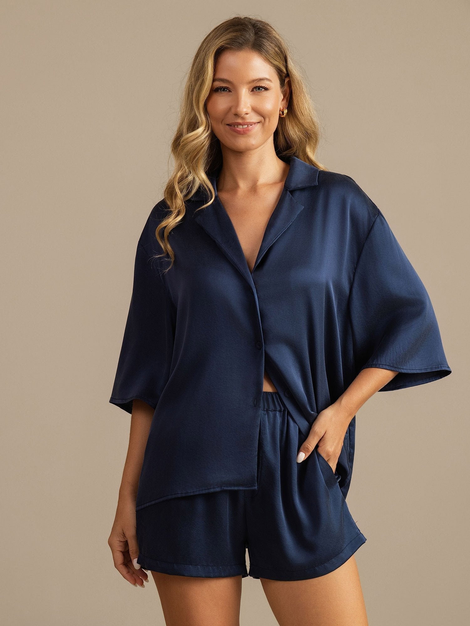 [Dunkelblau] SilkSilky-DE 19Momme Reine Seide Umlegekragen Damen Pyjamas 006,