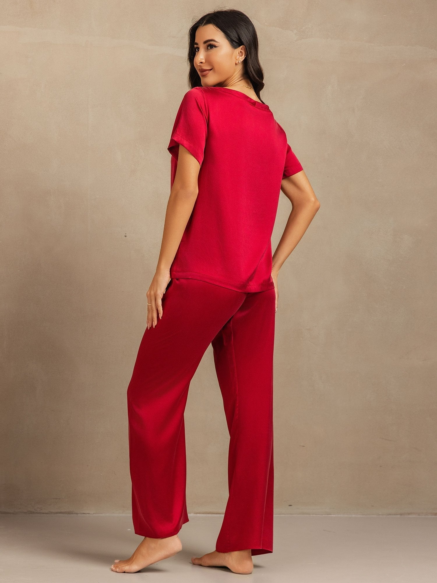 [Rotwein] SilkSilky-DE 19Momme Kurzärmelig Damen Pyjamas 002