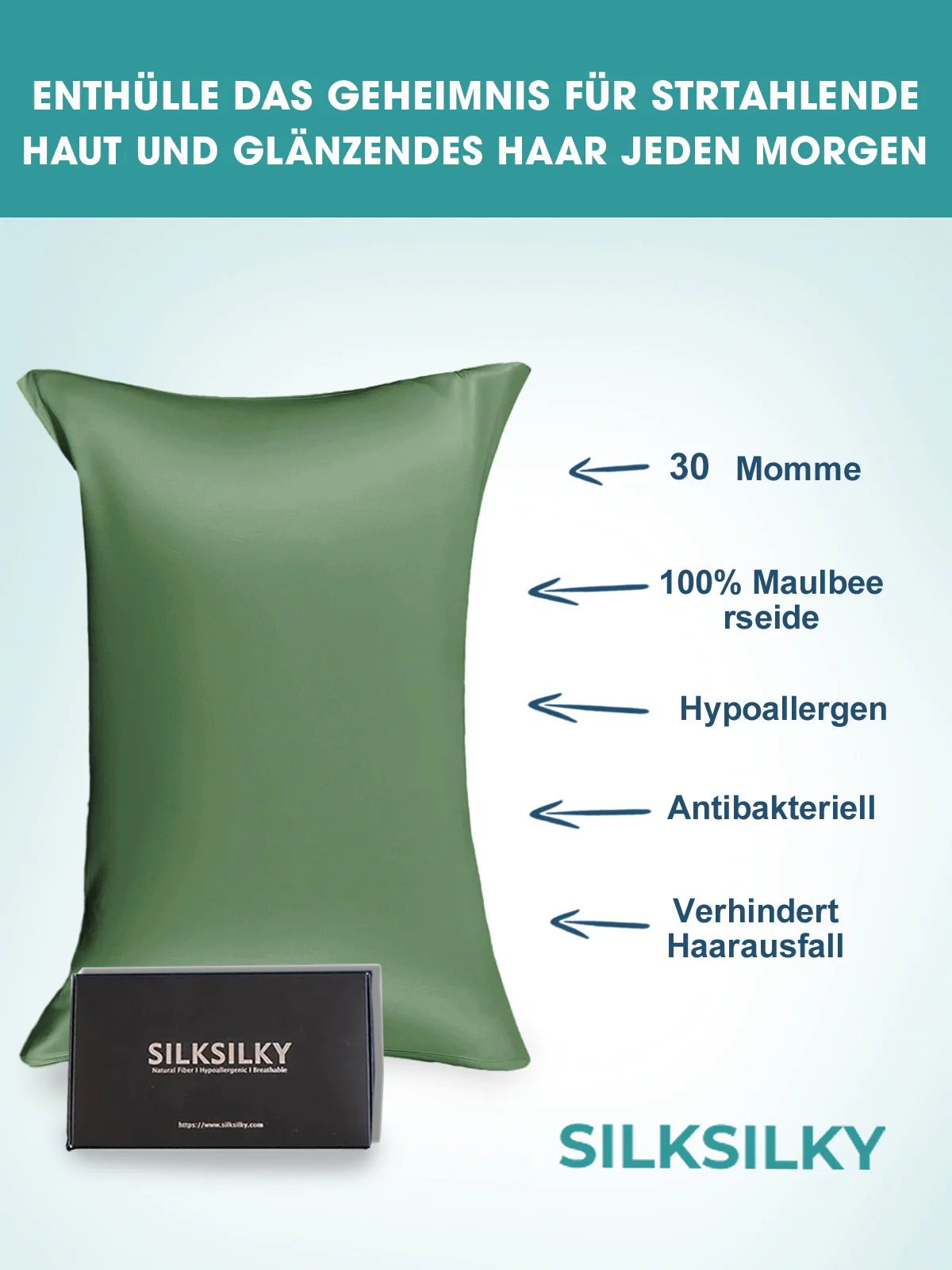 SilkSilky DE 30Momme Reine Seide Pillowcase Graugrün 003