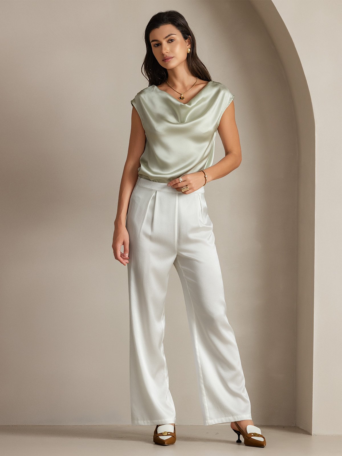 [Hellgrün] SilkSilky-DE 19Momme Seide Ärmellos Wasserfallausschnitt T-Shirt 006