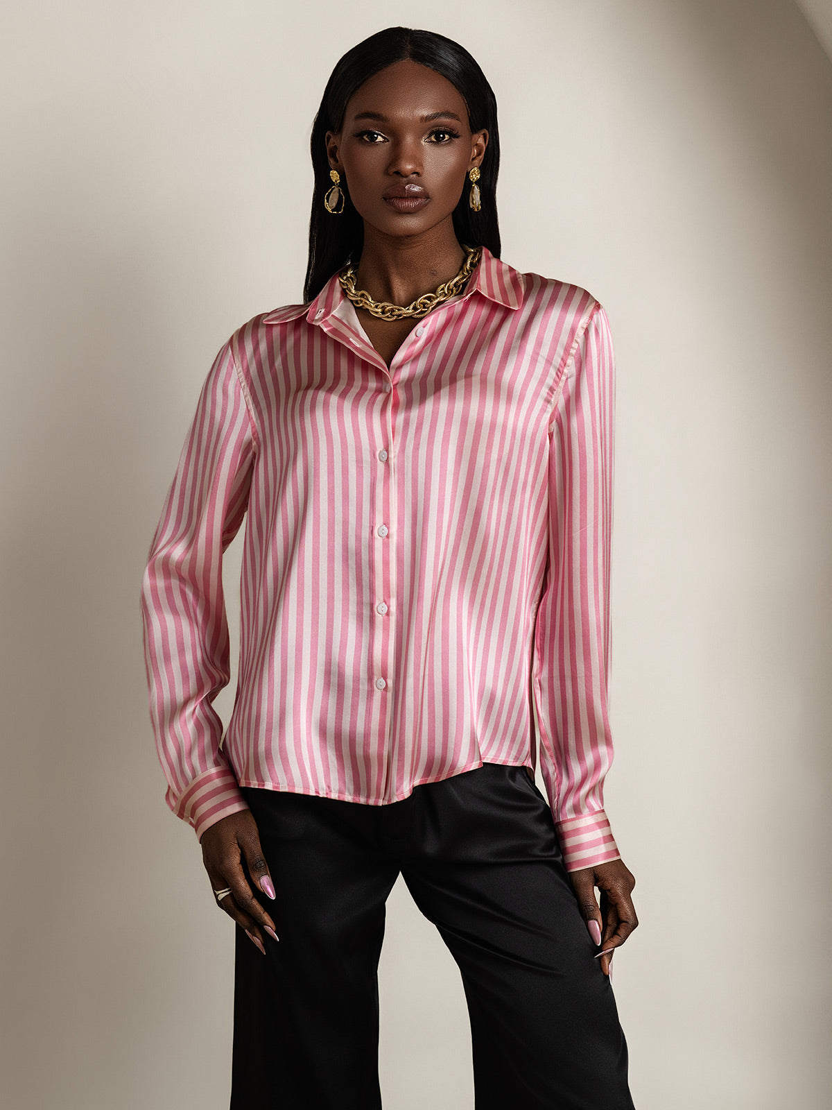 [Rosa] SilkSilky-DE Seide Umlegekragen Damenhemd 006