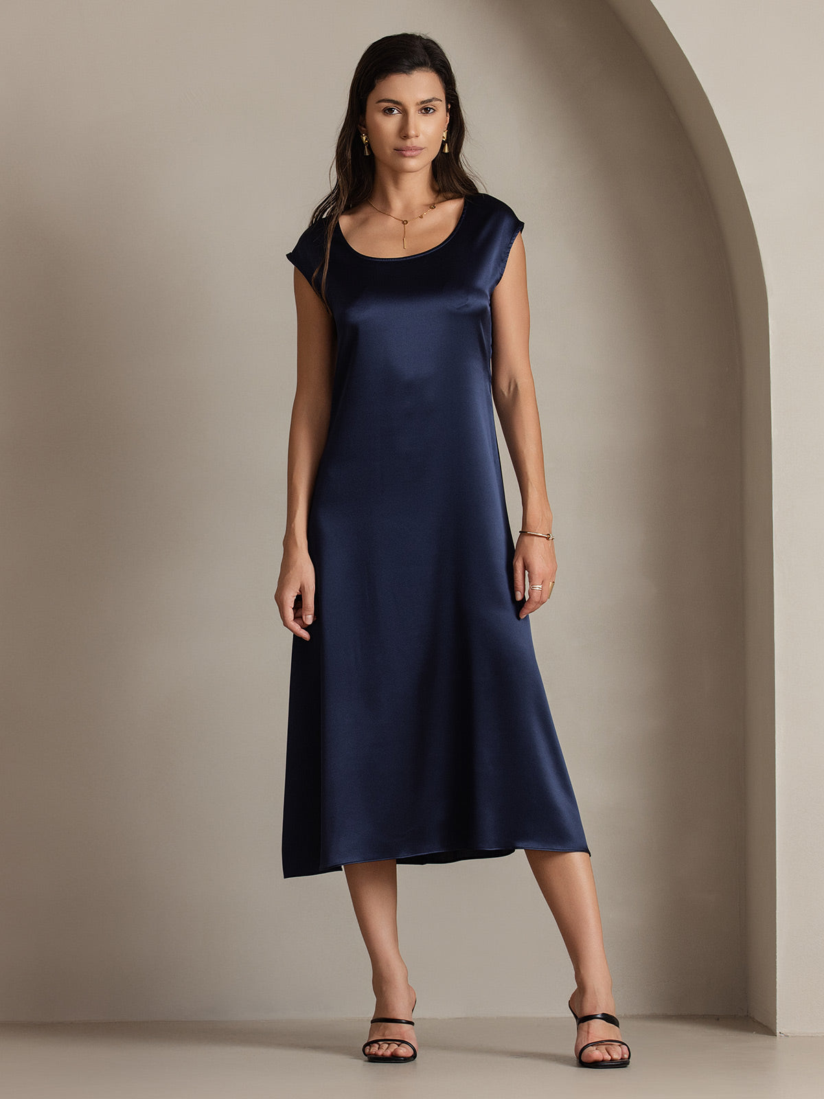 [Dunkelblau] SilkSilky-DE 19Momme Seide Dress 005