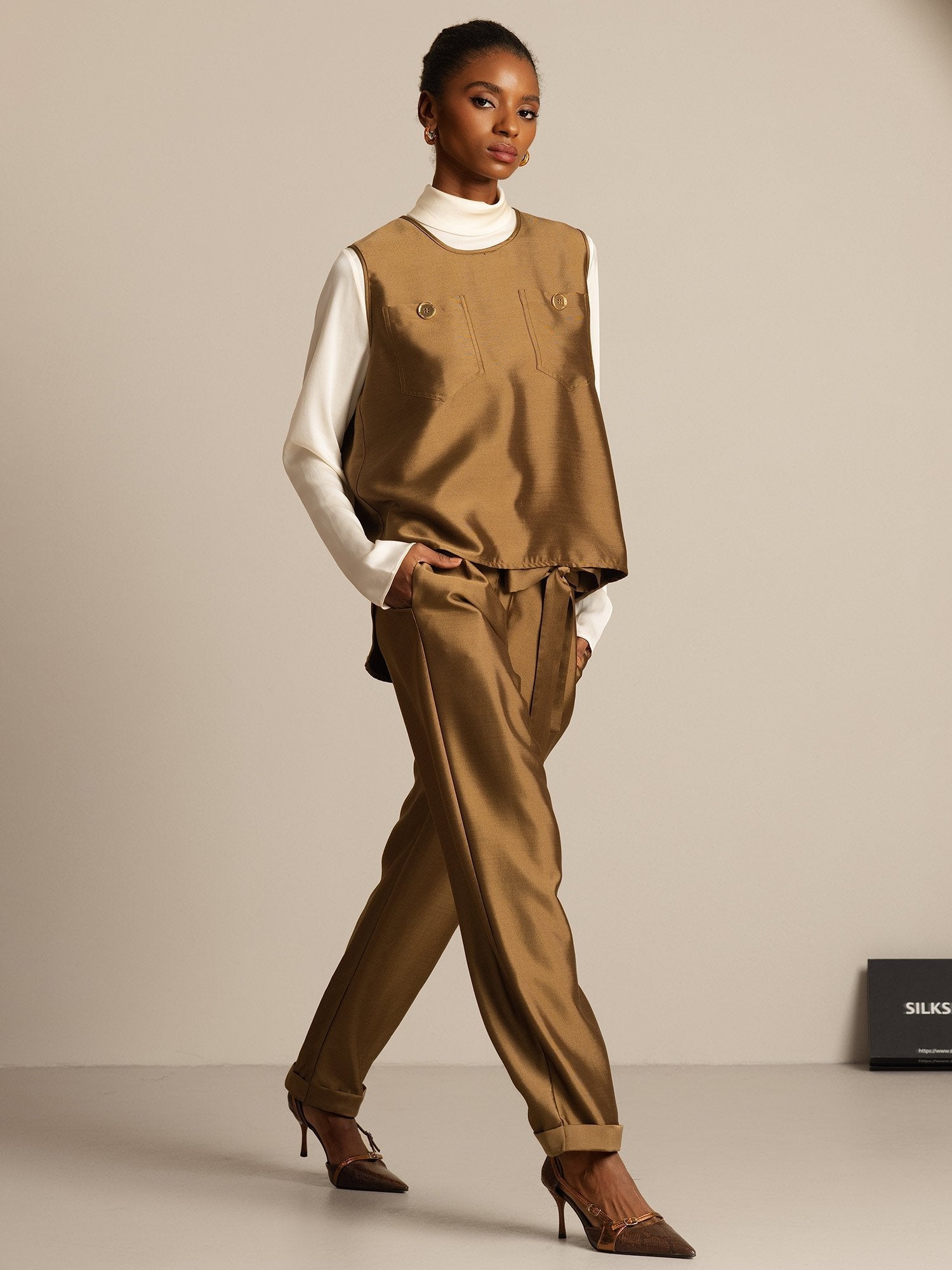 [Bronze] SilkSilky-DE 32Momme Silk-Wool Blend Womens Vest 008,