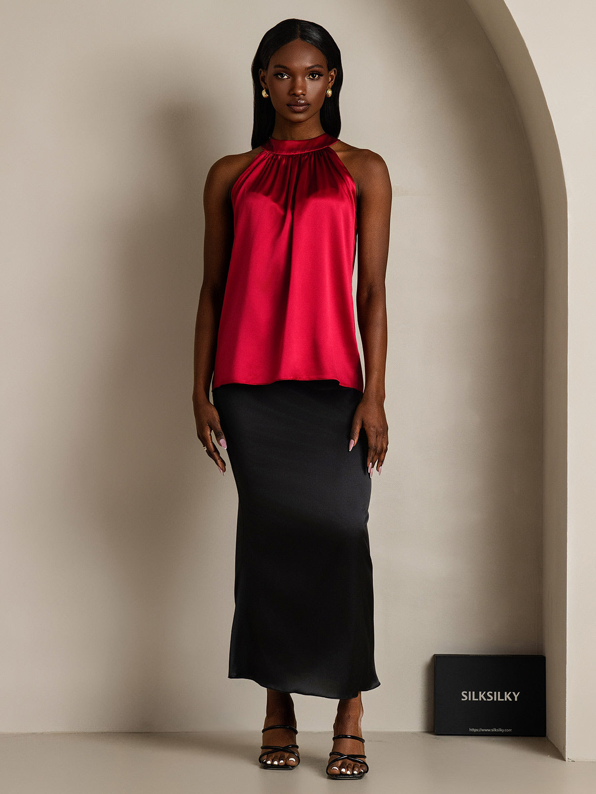 [Rotwein] SilkSilky-DE 19Momme Ärmellos Neckholder T-Shirt 007