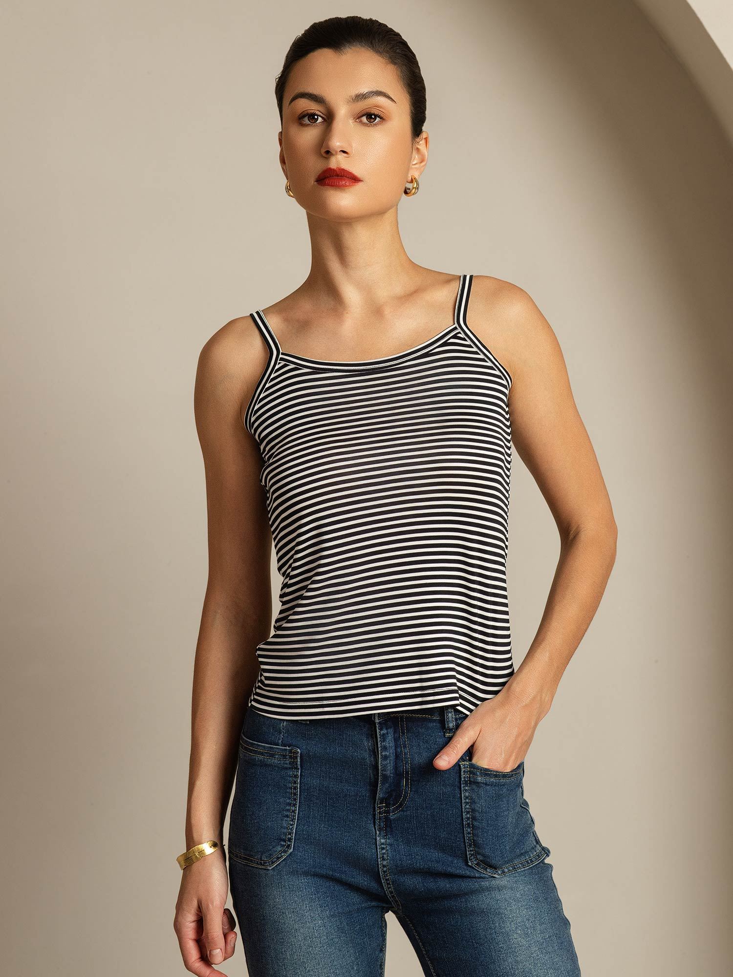 [Schwarzer Streifen] SilkSilky-DE Spaghettiträger Square Neck Cami Top 001