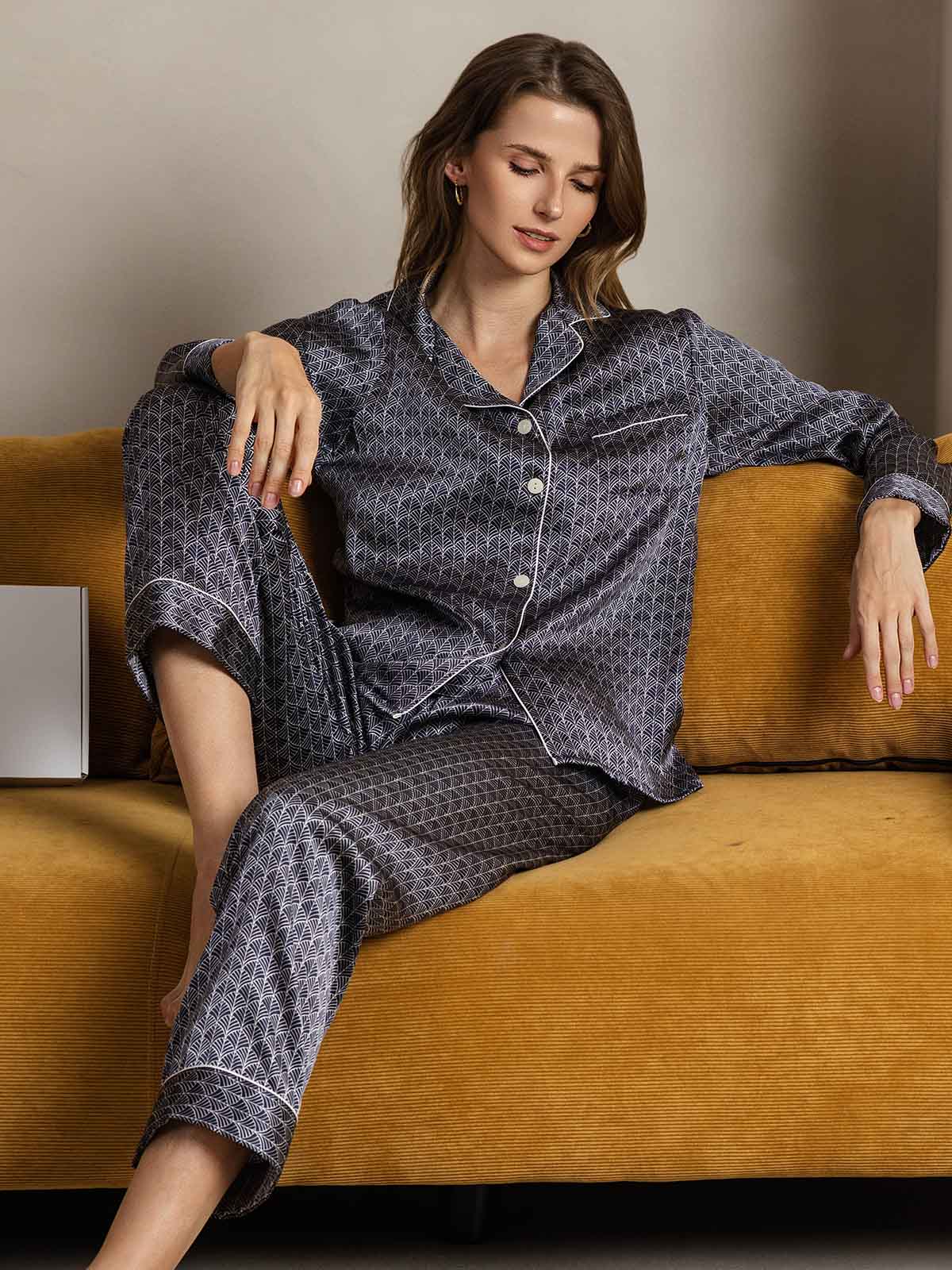 [Marine Ginkgo] SilkSilky-DE Reine Seide Womens Pajamas 005