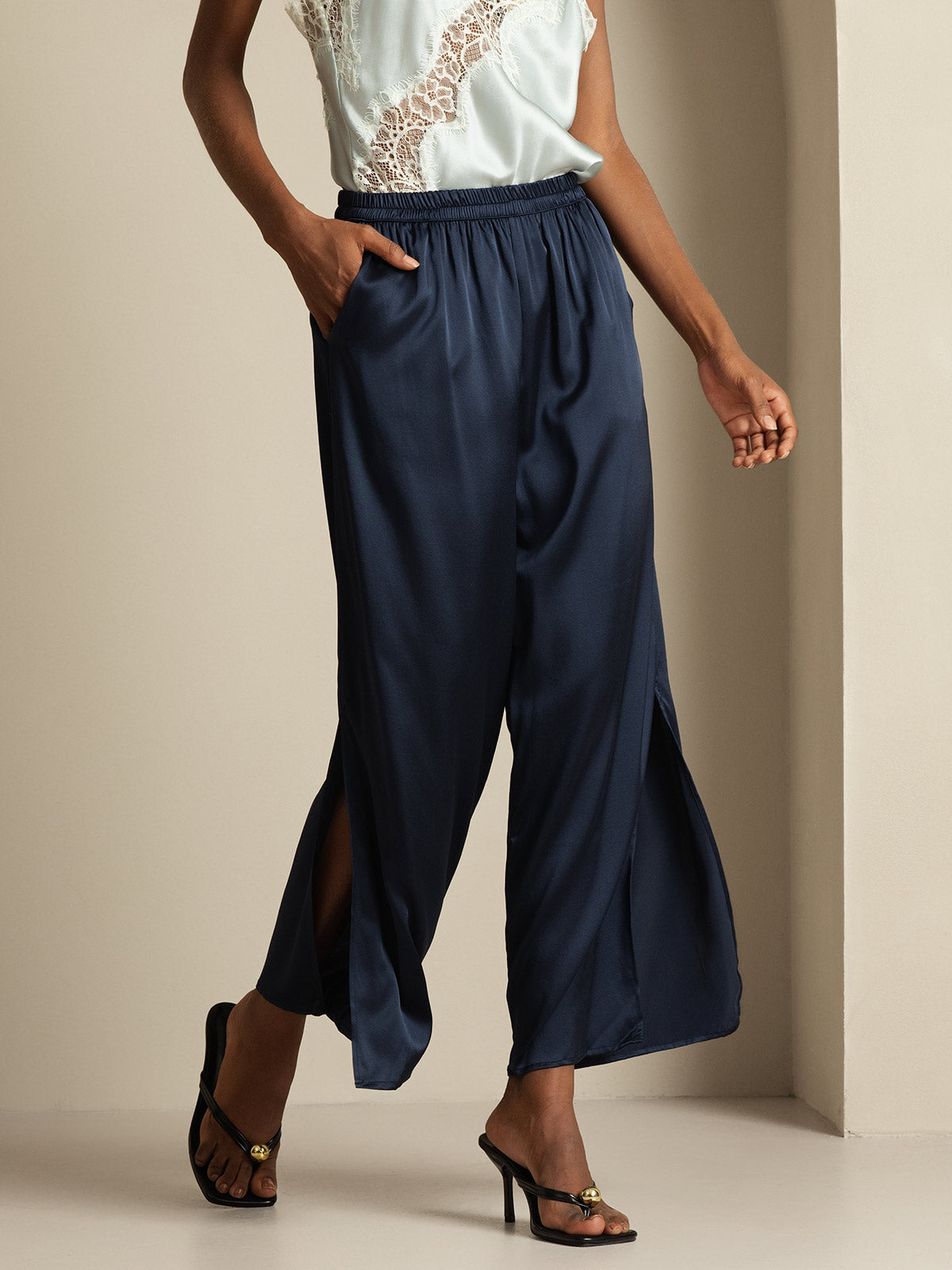 [Dunkelblau] SilkSilky-DE 19Momme Seide Womens Pants 002,