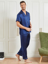 [Dunkelblau] SilkSilky-DE 19Momme Kurzärmelig Herren Pyjamas 005