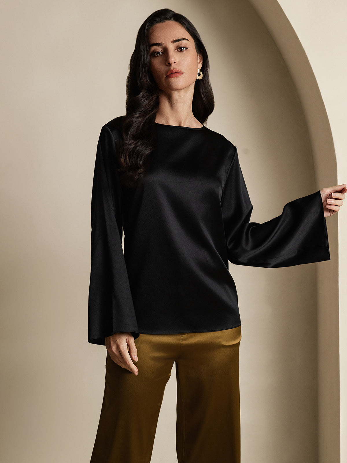 [Schwarz] SilkSilky-DE 19Momme Seide Womens T-Shirt 001