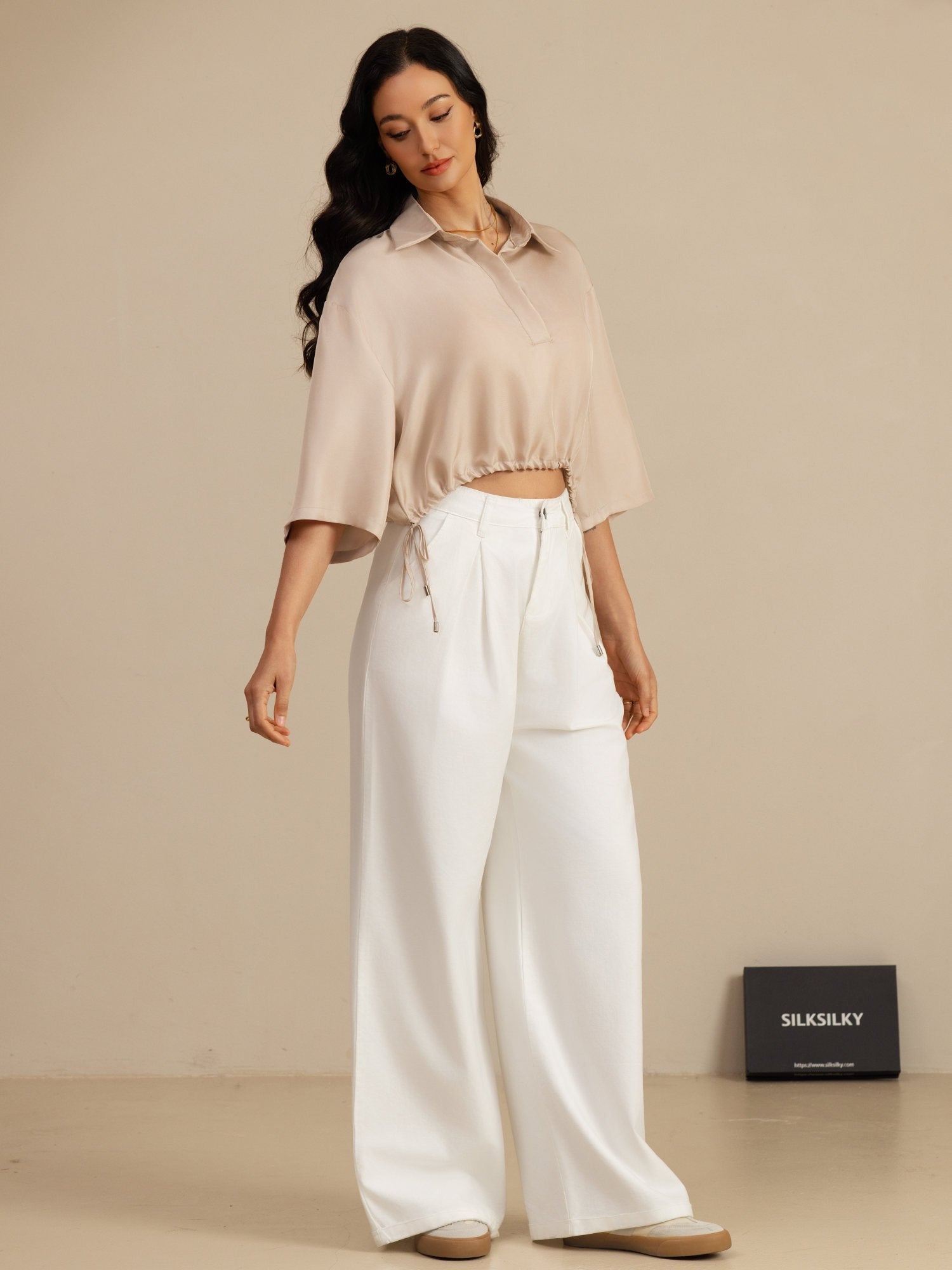 [Tan] SilkSilky-DE 18Momme Halblange Ärmel Lapelkragen Bluse 007