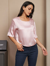 [Rosa] SilkSilky-DE Halblange Ärmel Tiefer Rundhalsausschnitt T-Shirt 003
