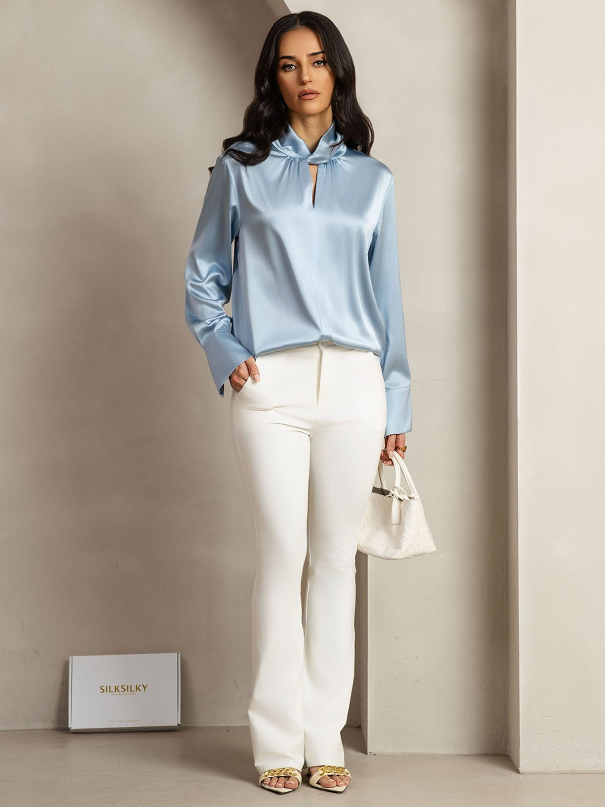 [Graublau] SilkSilky-DE 19Momme Seide Womens Shirt 010