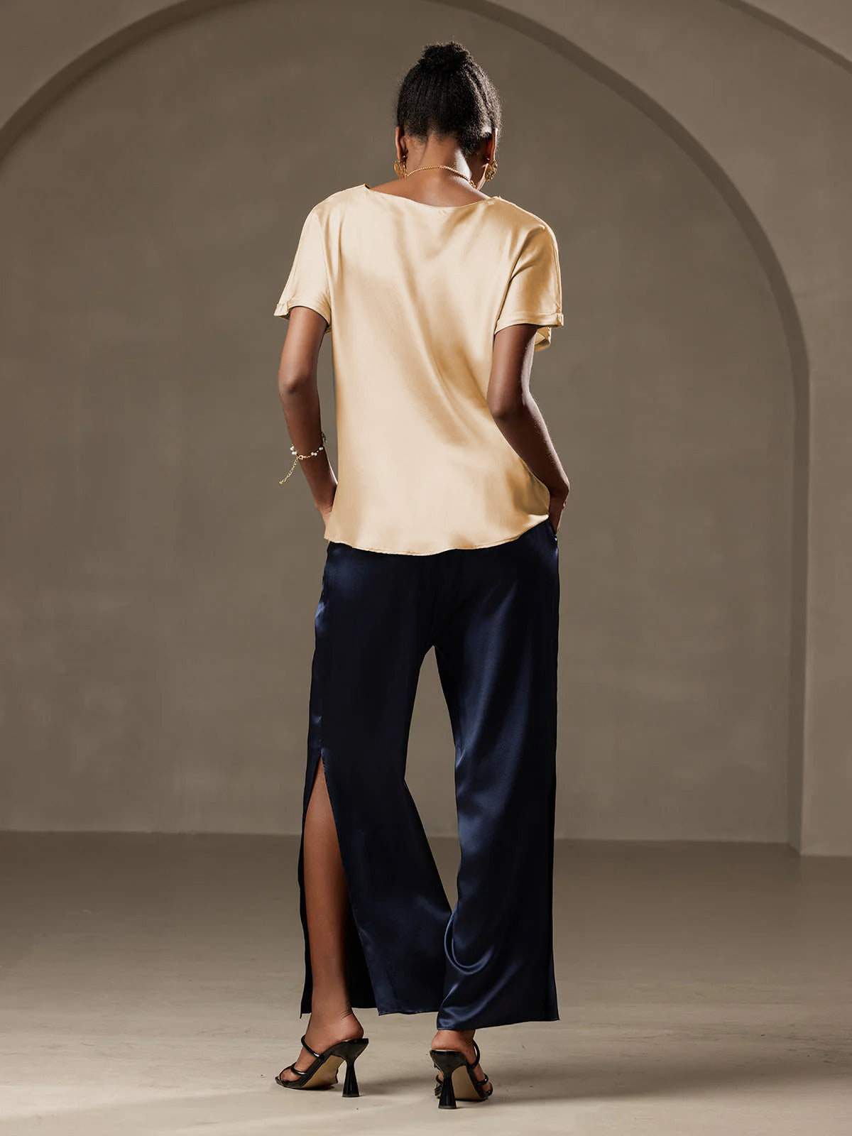 [Champagner] SilkSilky-DE 19Momme Seide Womens T-Shirt 002