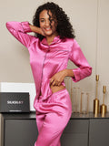 SilkSilky DE Reine Seide Langärmelig Revers Damen Pyjamas Rosa 011