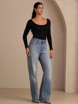 [Schwarz] SilkSilky-DE Long Sleeve U Ausschnitt T-Shirt 006