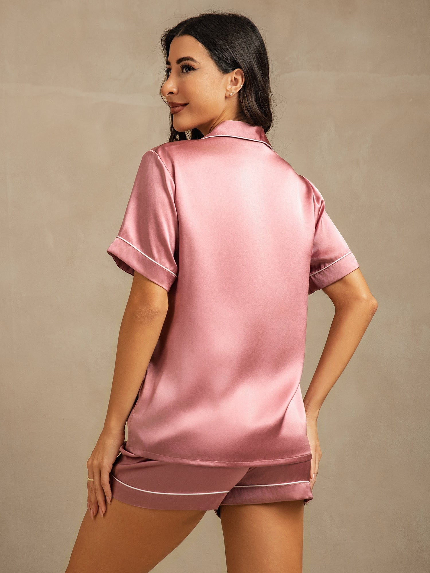 [Blasses Mauve] SilkSilky-DE Kurzärmelig Notch-Kragen Damen Pyjamas 002