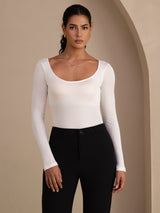 [Weiß] SilkSilky-DE Long Sleeve U Ausschnitt T-Shirt 001